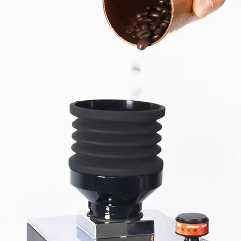 Premium Silicone Coffee Bellows Single Dose Bean Jar And Hella Handy Dust Cleanup Blower With Flexible Air Wand pouring beans.