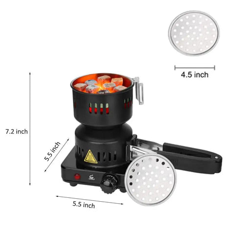 ETL Certified Charcoal Stove With 5 Gear Coal Burner For Cubes, Heats Up Fast Electric Stove 120V 650W with measurements shown