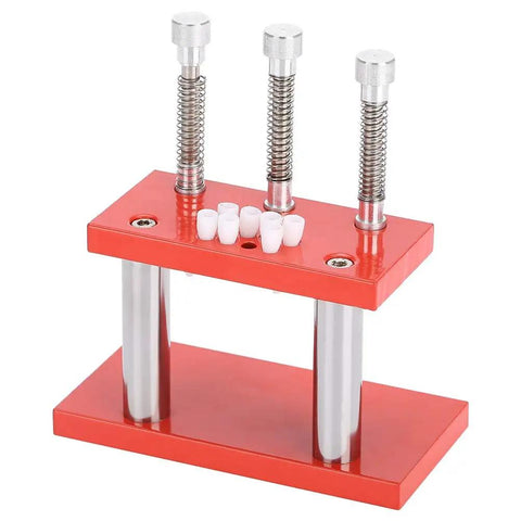 Pro Grade Watch Hand Setting Tool Kit With 3 Stainless Steel Pressing Heads showing red desktop instrument and white tips
