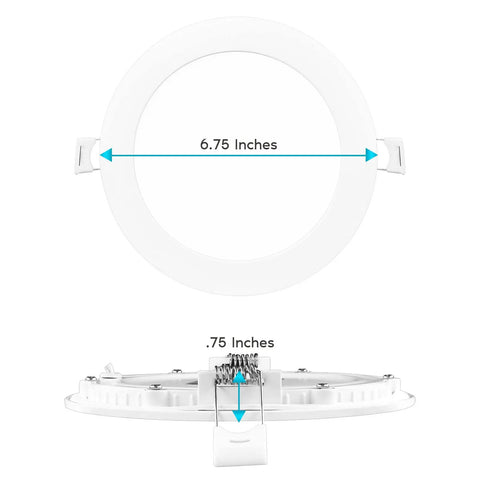 Six Inch Ultra Thin LED Recessed Light With J Box 15W Five Color Temperature Options From 2700K To 5000K 1400 Lumens Dimmable Wafer Light High Output Wet Rated IC Rated Energy Star Pack Of Six dimensions and side view