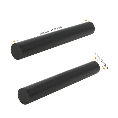Two Pack Black Round Acetal Copolymer Rods 1.57 x 11.8 Inches For DIY Projects Like Spacers, Bushings, And Plastic Bar Stock Made From Durable POM Great For Precision Machining And Everyday DIY Use, shown as two black rods