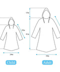 Family Pack Of 12 Disposable Rain Ponchos For Kids And Adults size chart, showing dimensions for child and adult ponchos