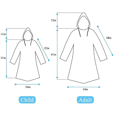 Family Pack Of 12 Disposable Rain Ponchos For Kids And Adults size chart, showing dimensions for child and adult ponchos
