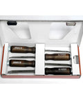 Rock Solid Mortise Chisel Set For Fine Woodworking And Shop Projects featuring 4 tapered Cr Mn steel blades in a box.