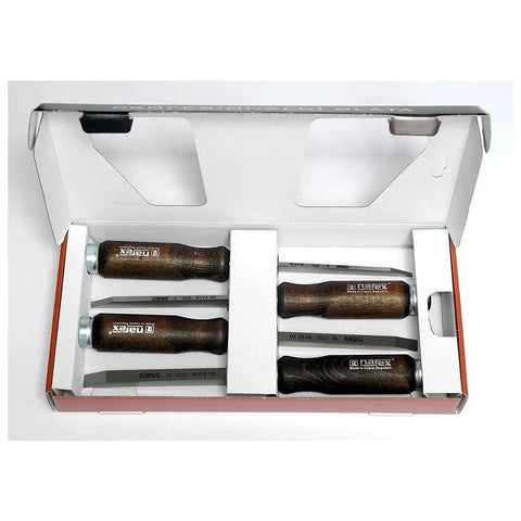 Rock Solid Mortise Chisel Set For Fine Woodworking And Shop Projects featuring 4 tapered Cr Mn steel blades in a box.
