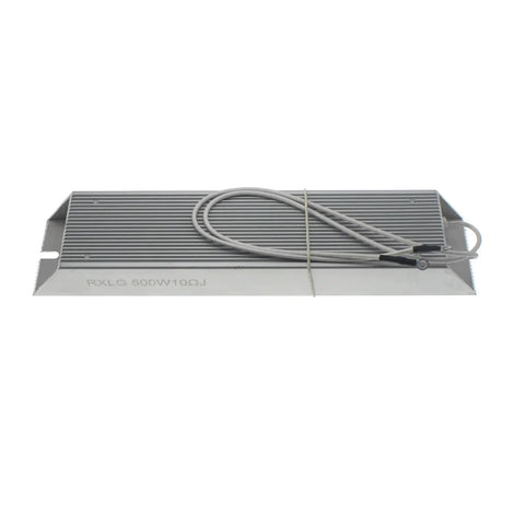 RXLG 500W aluminum heatsink resistor for servo regenerative braking; gray ribbed body with attached white wires.