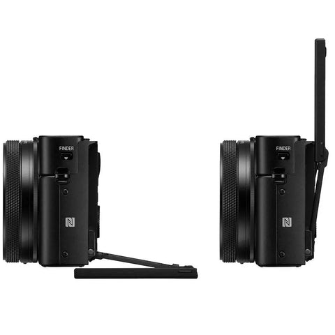Side view of RX100 VII Premium Compact Camera Bundle With Pro Features On The Go, showing flip-out screen in two positions.