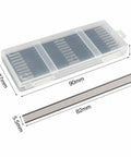 Double Edged High Speed Steel Planer Blades Reversible Jointer Knives Pack Of Ten in a clear storage case measuring 90mm x 37mm.