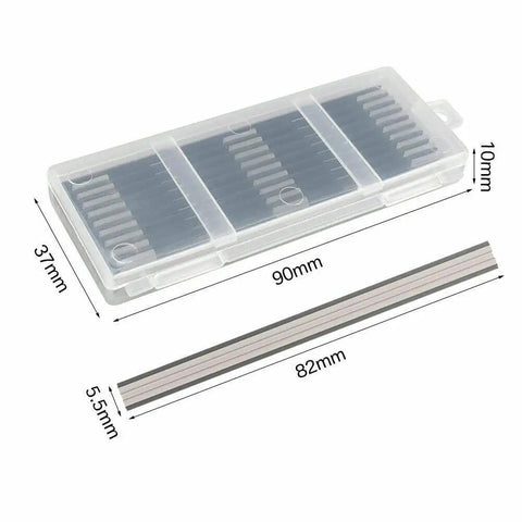 Double Edged High Speed Steel Planer Blades Reversible Jointer Knives Pack Of Ten in a clear storage case measuring 90mm x 37mm.