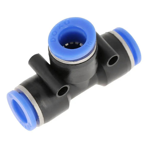 10 Pack Push To Connect Pneumatic Fittings 10mm 3 Eighth Inch, blue and black, T-shaped connector for air lines