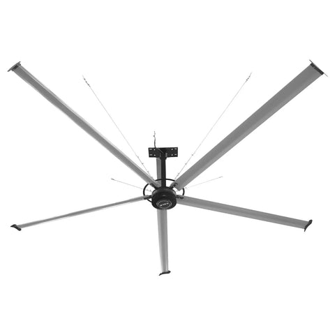 20 Ft HVLs Industrial Ceiling Fan Operating As A True Factory Workhorse Delivering Top Shelf Energy Savings Through A Sleek 3 Phase PMSM Setup, ceiling fan with wide blades.