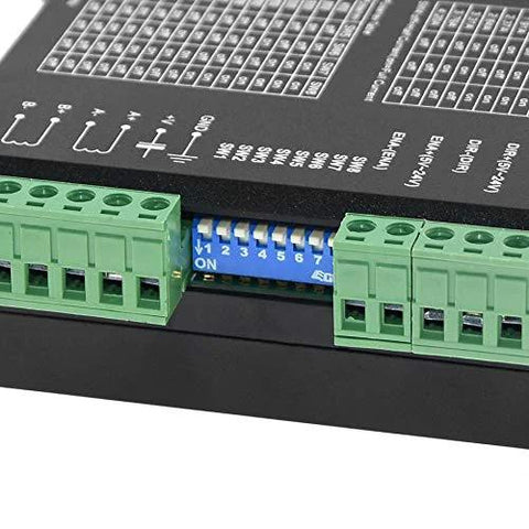 DM542 CNC stepper motor driver with blue DIP-switch panel and green terminal blocks