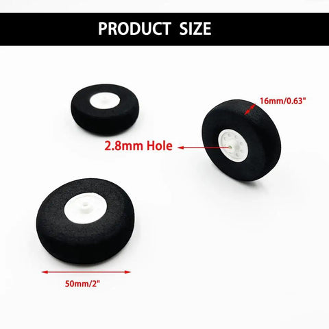 Three black wheels on white background with marked dimensions, part of Five Piece Lightweight Foam RC Plane Wheel Set For RC Aircraft And Helicopters