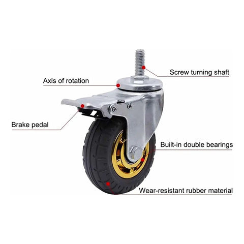 Heavy Duty Caster Wheels With M Threaded Stem Non Marking Rubber Swivel Plate Casters For Furniture Workbenches Carts And Garage Workshop Rolling Gear Dual Locking Brake System 360 Degree Swivel, close-up showing brake pedal and rubber material