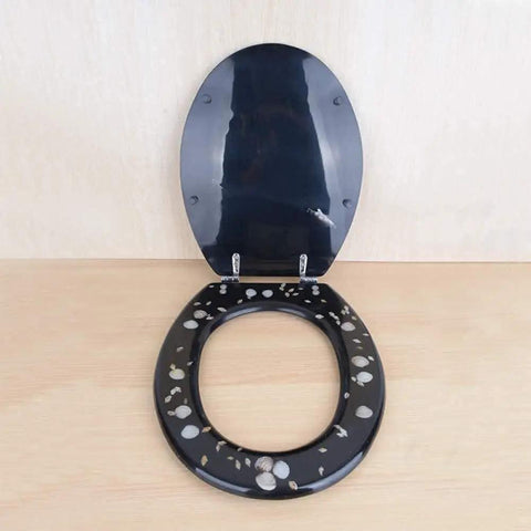 Top Shelf Black Resin Toilet Seat Universal Fit Easy Clean Bathroom Lid with decorative speckled design and stainless hinges.