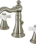Traditional Widespread Bathroom Faucet In Brushed Nickel With Solid Brass Construction Deck Mount 8 To 16 Inch Spread Three Hole Installation
