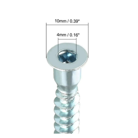 Close-up of Zinc Plated 20 Piece Hex Socket Countersunk Furniture Confirmat Screws Kit Self Tapping Wood Screws with dimensions.