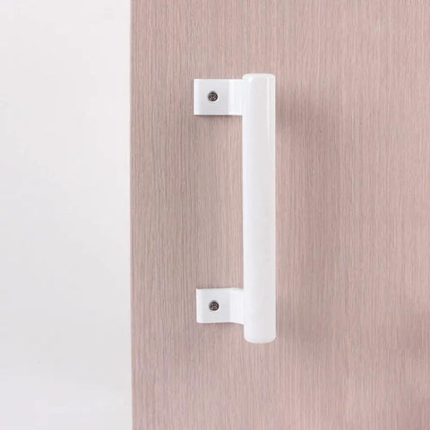Built Tough 8 Inch Aluminum Alloy Sliding Door Handle Featuring Corrosion Resistant Surface And Comfortable Oval Grip For Bathroom Closet And Kitchen Cabinets mounted on a wooden door.