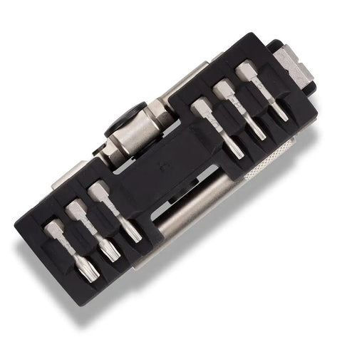 Compact Ratcheting T Shaped Socket Driver Multi Tool With Secure Locking Chuck For Squat Spots And Swift Screw Tasks, view from above showing bit storage.