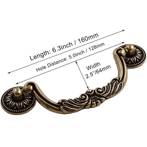 Set Of 6 Antique Bronze Drop Bail Cabinet Pulls With Carved Texture For Drawer Dresser And Closet Furniture, 5 Inch Hole Centers