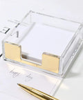 Gold Clear Acrylic Sticky Notes Holder Memo Pad Dispenser Desk Organizer For Office Home And School with gold front detail.