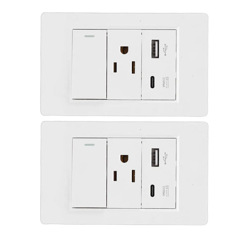 2 Pack Wall Outlet With Usb And Type C Ports, 15 Amp Duplex Receptacle Featuring Single Control Switch For Lightning Fast Charging and easy installation.
