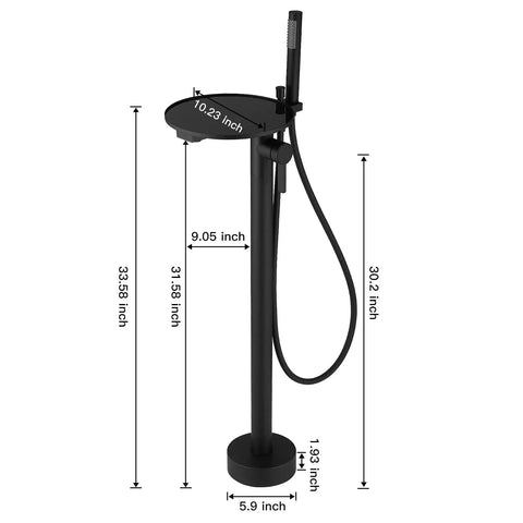 Matte Black Freestanding Bathtub Faucet With Shelf, Floor Mount Tub Filler, Handheld Brass Mixer, and Shower Faucets Kit dimensions