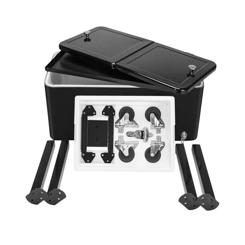 80 Quart Rolling Cooler Cart On Wheels With Dual Tops Built In Bottle Opener And Cap Catch Handy Shelf Portable Bar For Outdoor Patio Party And Backyard BBQ Ready In Black Keeps Ice Cold Up To 48 Hours With Ice Sheet lid and components view