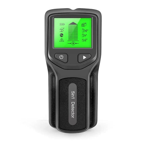 5 in 1 Stud Finder Wall Detector with Backlight showing green LCD display and buttons, ideal for wall detection tasks.