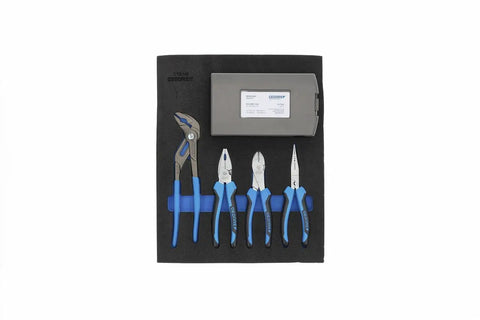 TS-147 Tool Kit In Check-Tool Modules, pliers and case with blue handles in foam insert for easy organization.