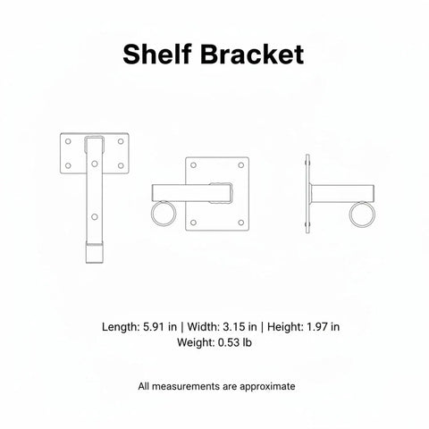 Diagram of Heavy Duty Wall Mount Shelf Bracket With Ring For Pipe Or Wood Shelving, Black Finish, 7.9 Inch Depth, 1 Pack