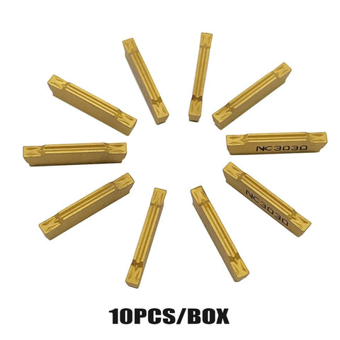 Front view of GBJ MGMN200-G tin-coated carbide grooving inserts, 2 mm wide, 10 pcs