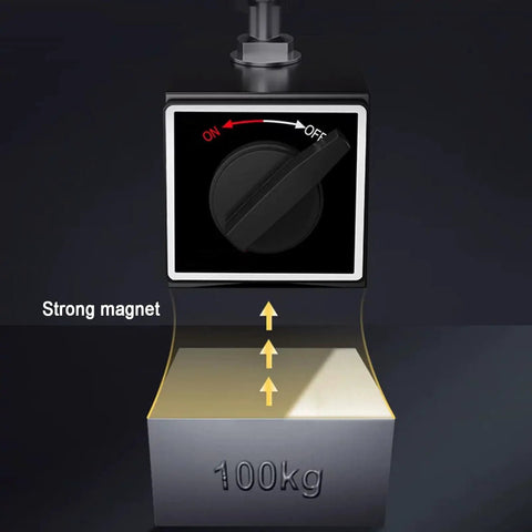 Heavy Duty Magnetic Base Stand For Dial Indicator With 360 Degree Adjustable Arm and Swivel Joints showing a strong magnet with 100kg pull force.