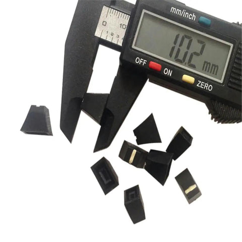 10 Piece Mixer Equalizer Push Button Cap Set 4mm Hole Black Knob For Potentiometer Fader Replacement with caliper showing 10.2mm