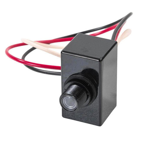 Black electronic device with wires, ZB124 Electronic Photocontrol with Button Interface, Advanced LongLife ZeroCross, dusk-to-dawn compatible.