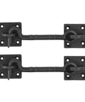 Two Piece Heavy Duty 4 1/2 Inch Sliding Barn Door Hardware Set With Slick Cast Copper Latch Hook And Eye Lock Rust Resistant For Straight Up Secure Wood Doors in black metal, showing two latches.