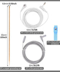 Copper Grounding Rod Kit With 39 Feet White Ground Wire And Blue Anti Static Wristband, shown with components and measurements