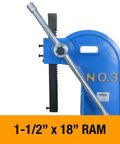 Heavy Duty Three Ton Arbor Press Featuring Wide Throat Opening Hella Robust Case Hardened Ram Adjustable Jaw Gap and Locking Four Position Die Plate display with 1-1/2" x 18" ram.