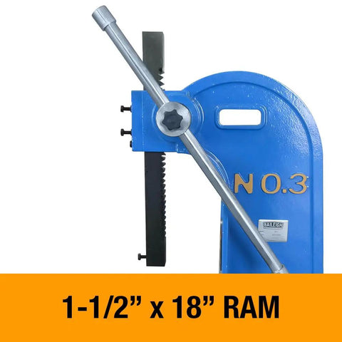 Heavy Duty Three Ton Arbor Press Featuring Wide Throat Opening Hella Robust Case Hardened Ram Adjustable Jaw Gap and Locking Four Position Die Plate display with 1-1/2" x 18" ram.