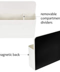 Magnetic Dry Erase Marker Holder And Pencil Cup with adjustable divider and magnetic back, shown from front and back.