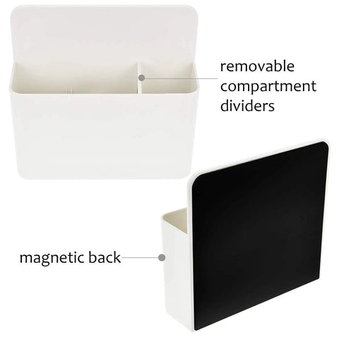 Magnetic Dry Erase Marker Holder And Pencil Cup with adjustable divider and magnetic back, shown from front and back.