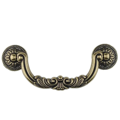 Snag This Ultra Slick Set Of Heavy Duty 5 Inch Vintage Drop Bail Cabinet Pulls Antique Bronze Zinc Alloy Dresser Hardware Rustic Kitchen Furniture Knobs 4 Pack Top Shelf Quality handle close-up showing floral design and antique finish.