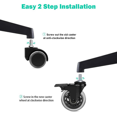 Instructional image showing installation of 3 Inch Swivel Stem Casters With Locking Brakes Threaded 3/8-16UNC Stud Heavy Duty Caster Replacement.