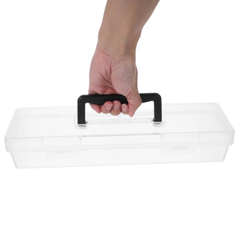 Grab And Go Portable Plastic Toolbox With Handle, clear container held by hand, large capacity storage for crafts and hardware.