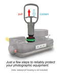 Vacuum Pump Handle With Vacuum Alertor For Pre Dive Leak Check, ergonomic gray design on Seafrogs camera housing, instructions visible.