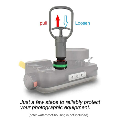 Vacuum Pump Handle With Vacuum Alertor For Pre Dive Leak Check, ergonomic gray design on Seafrogs camera housing, instructions visible.
