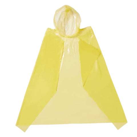 Yellow poncho from Kids Rain Ponchos Pack Of 20 Disposable With Hood, Emergency Outdoor Gear For Rainy Days, 42 x 60 inches.