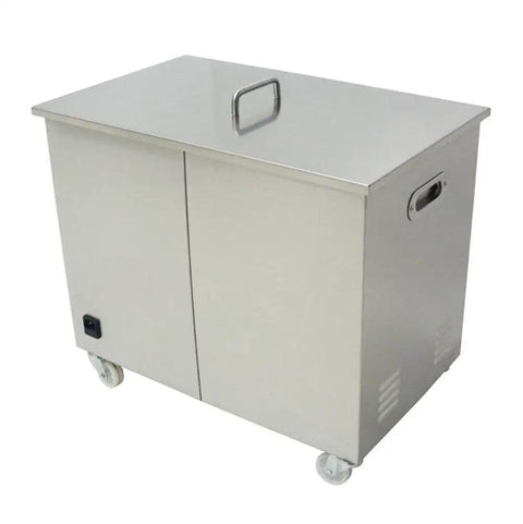 Heavy Duty Industrial Ultrasonic Cleaner 130 Liter Tank With Digital Temp And Timer 80 Kilohertz Frequency on wheels with stainless steel finish.