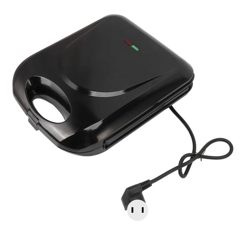 Closed multifunctional electric breakfast maker with nonstick panini press surface, power cord included.