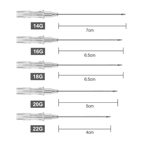 20G Piercing Needles Kit With 6 Hollow IV Catheter Needles For Ear Nose Navel Lip Nipple Piercing, Stainless Steel 316L Surgical Grade, Vacuum Pack, Pro Grade Piercing Tool Supplies; size chart for 14G-22G needles